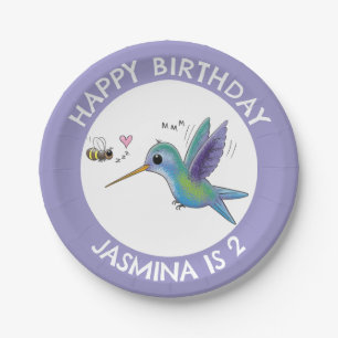Cute hummingbird and bee cartoon personalized paper plate