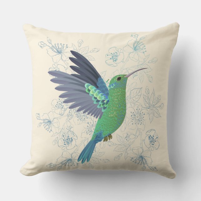 Cute Hummingbird Floral Outdoor Pillow (Front)