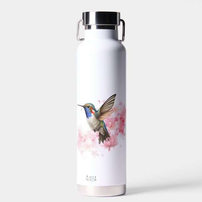 Cute Hummingbird Floral Watercolor Personalized  Water Bottle (Front)
