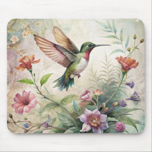 Cute Hummingbird on Flowers Mouse Pad