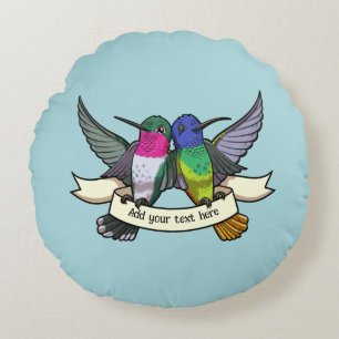 Cute Hummingbirds Custom Text Ribbon Birds Artwork Round Pillow