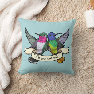 Cute Hummingbirds Custom Text Ribbon Birds Artwork Throw Pillow