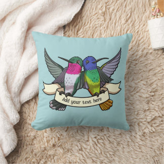 Cute Hummingbirds Custom Text Ribbon Birds Artwork Throw Pillow