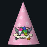 Cute Hummingbirds Happy Birthday! Ribbon Cartoon Party Hat<br><div class="desc">Happy hummingbirds on birthday party paper hats. Use "Personalize this template" to change the "Happy Birthday!" text and create a unique, customized party accessory. Dress up your birthday party with these hats, featuring two colourful hummingbird friends carrying a ribbon with a birthday message. Based on the Golden-tailed Sapphire and Broad-tailed...</div>