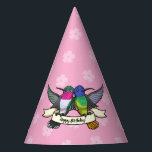 Cute Hummingbirds Happy Birthday! Ribbon Cartoon Party Hat<br><div class="desc">Happy hummingbirds on birthday party paper hats. Use "Personalize this template" to change the "Happy Birthday!" text and create a unique, customized party accessory. Dress up your birthday party with these hats, featuring two colourful hummingbird friends carrying a ribbon with a birthday message. Based on the Golden-tailed Sapphire and Broad-tailed...</div>