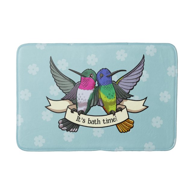 Cute Hummingbirds It's Bath Time! Ribbon Cartoon Mat (Front)