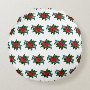 Cute Hummingbirds on Hibiscus Flower Cartoon - W Round Pillow