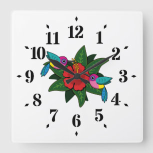 Cute Hummingbirds on Hibiscus Flower Cartoon - W Square Wall Clock