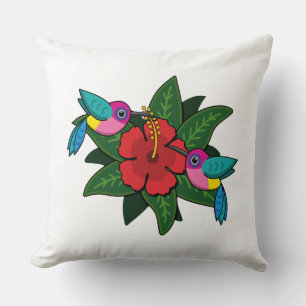 Cute Hummingbirds on Hibiscus Flower Cartoon - W Throw Pillow