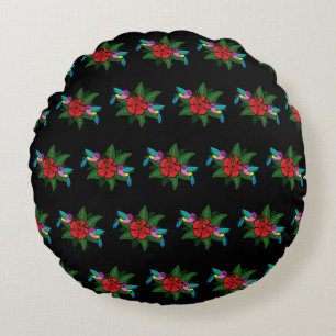 Cute Hummingsbirds on Hibiscus Flower Cartoon Round Pillow