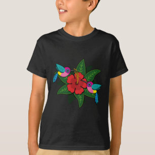 Cute Hummingsbirds on Hibiscus Flower Cartoon T-Shirt