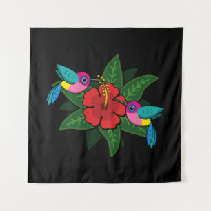 Cute Hummingsbirds on Hibiscus Flower Cartoon Tapestry