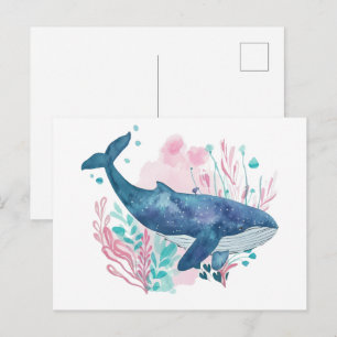 Cute Humpback Whale watercolor illustration Small Postcard