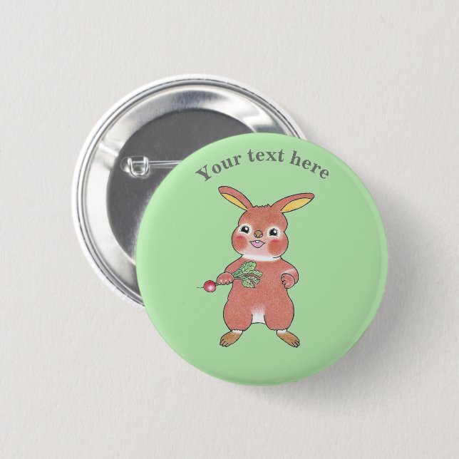 Cute Hungry Bunny Rabbit Green Button (Front & Back)
