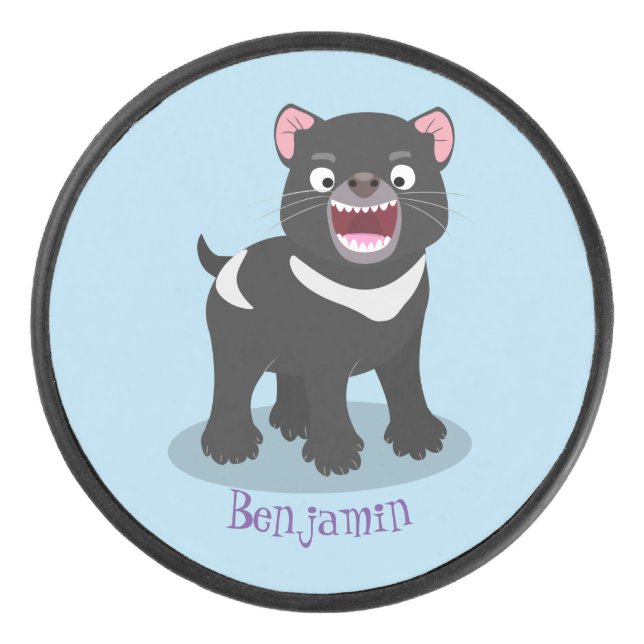 Cute hungry Tasmanian devil cartoon illustration Hockey Puck (Front)