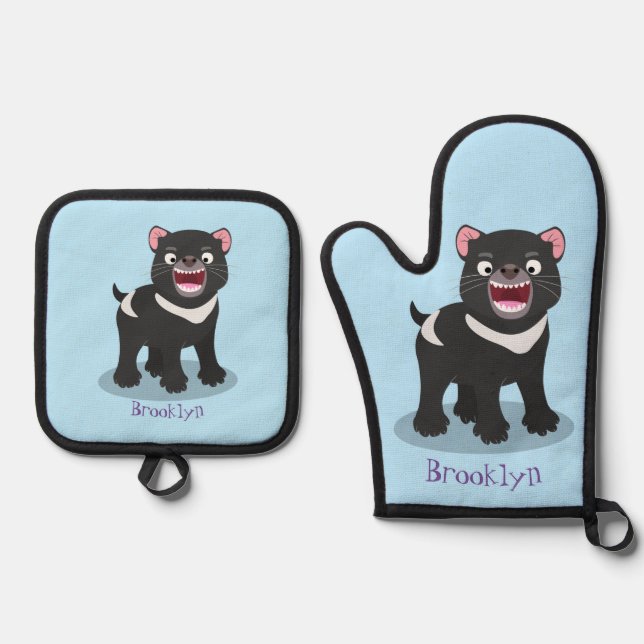 Cute hungry Tasmanian devil cartoon illustration Oven Mitt & Pot Holder Set (Front)
