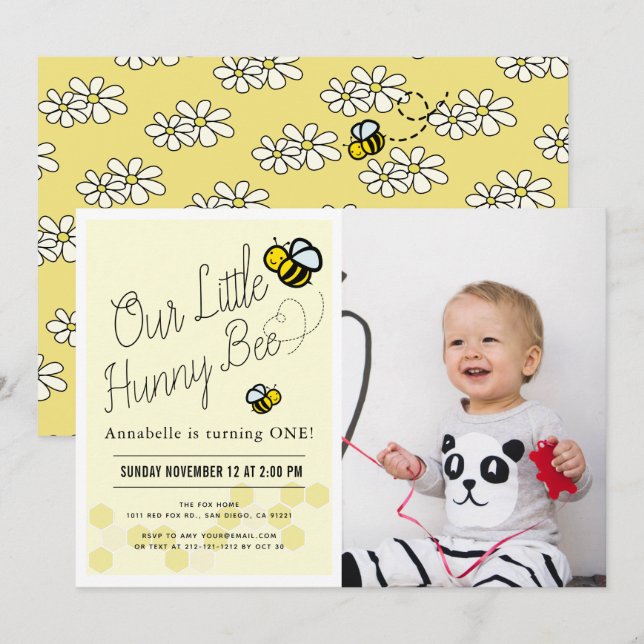 Cute Hunny Bee Yellow Photo 1st Birthday Party Invitation (Front/Back)