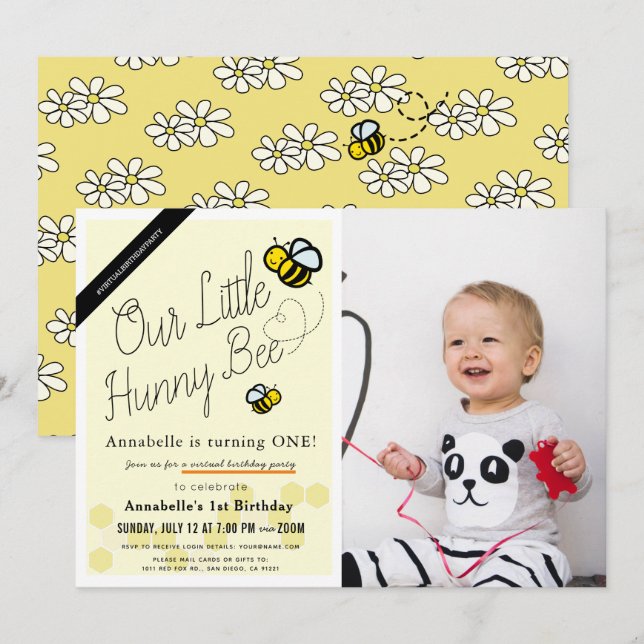 Cute Hunny Bee Yellow Photo Virtual 1st Birthday Invitation (Front/Back)