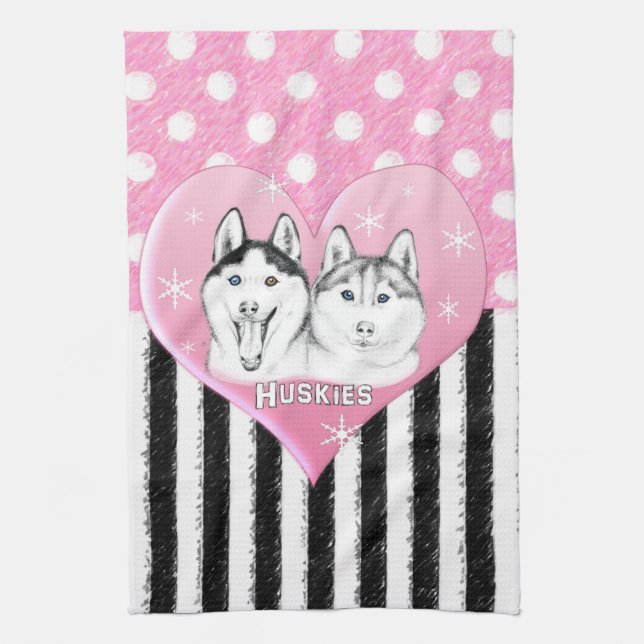 Cute Huskies pink pattern Kitchen Towel (Vertical)
