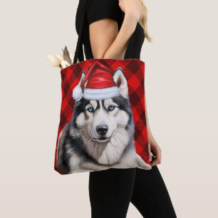 Cute Husky Christmas Dog Red Buffalo Plaid Tote Bag