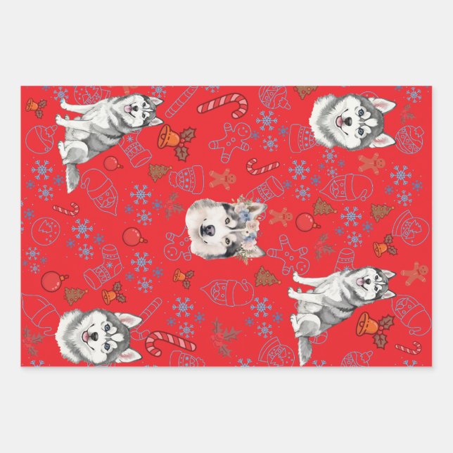 Cute Husky Dog Christmas Winter Seamless Pattern  Wrapping Paper Sheet (Front)