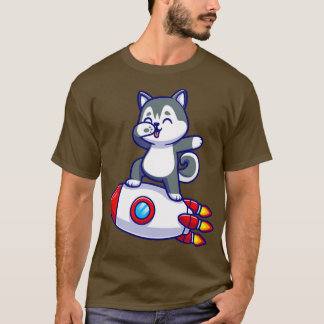 Cute Husky Dog Dabbing On Rocket Cartoon T-Shirt