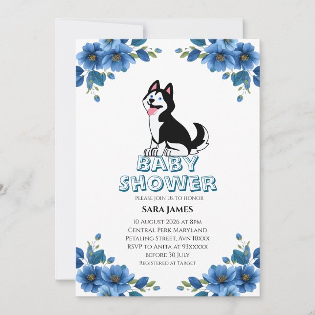  Cute Husky Dog Floral Baby Shower Invitation (Front)