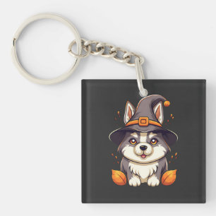 Cute Husky Dog in a Witch'S Hat Halloween Keychain
