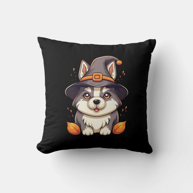 Cute Husky Dog in a Witch'S Hat  Halloween Throw Pillow (Front)