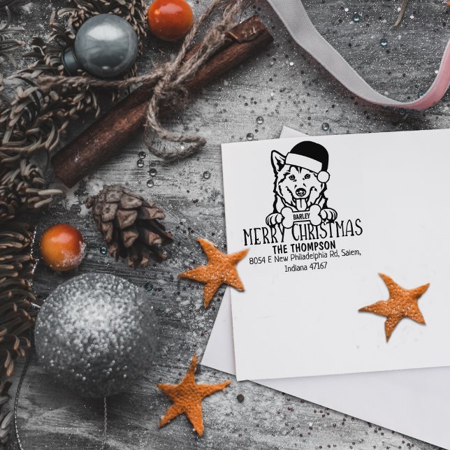 Cute Husky Dog Merry Christmas Return Address  Rubber Stamp (Creator Uploaded)