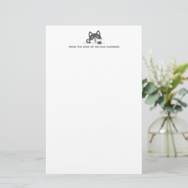 Cute Husky Dog Peeking above Custom Text Stationery (Standing Front)
