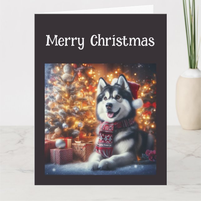Cute Husky Dog Pet in Christmas Wishes Card (Front)