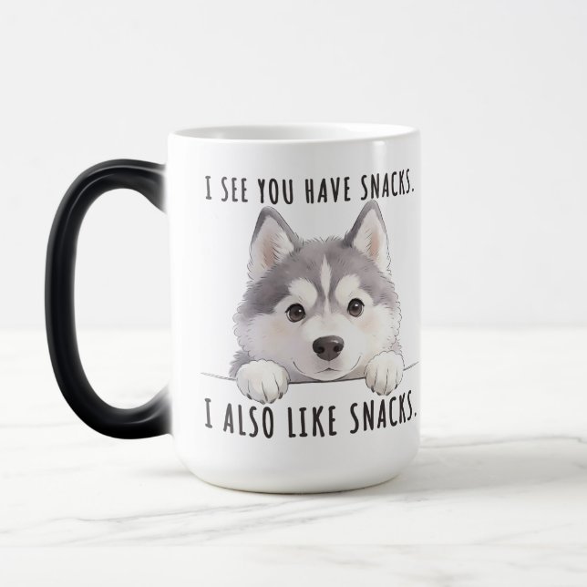 Cute Husky Dog Snacks Quote Funny Minimalist Magic Mug (Left)