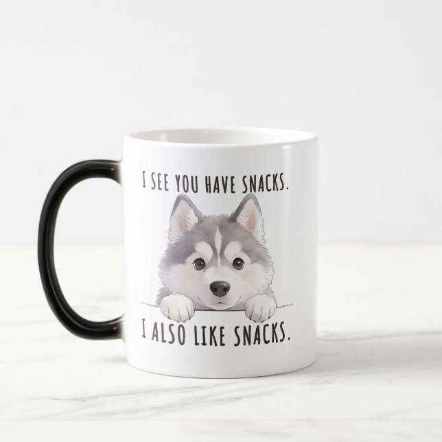 Cute Husky Dog Snacks Quote Funny Minimalist Magic Mug (Left)