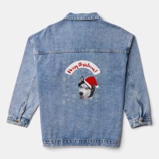Cute Husky in Santa Claus Red Hat  Denim Jacket