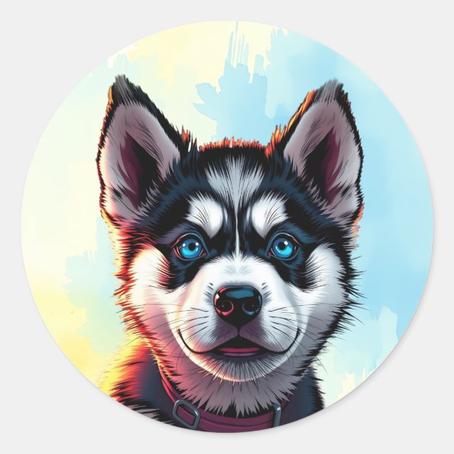 Cute Husky Puppy Dog Illustration  Classic Round Sticker (Front)