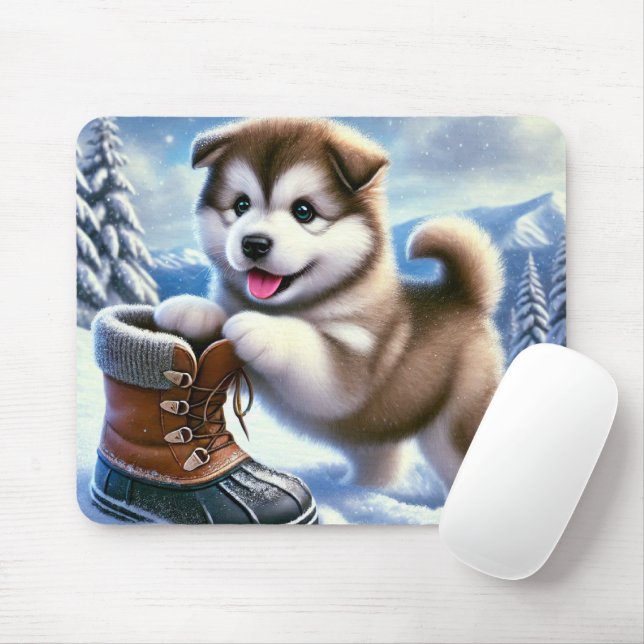 Cute Husky Puppy Playing in Snowy Winter Landscape Mouse Pad (With Mouse)