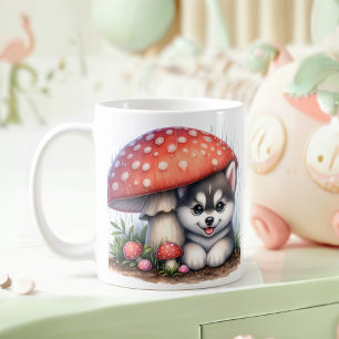 Cute Husky Puppy Under Mushroom Umbrella Coffee Mug