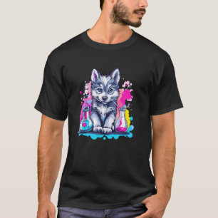 Cute Husky Puppy With Colourful Science Beakers T-Shirt