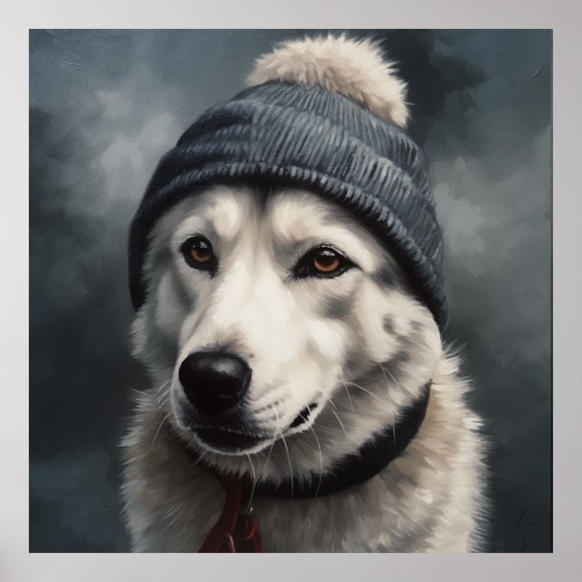Cute husky wearing blue winter hat  poster (Front)