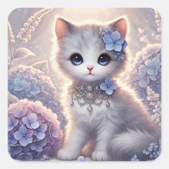 Cute Hydrangea Princess Cat Square Sticker (Front)