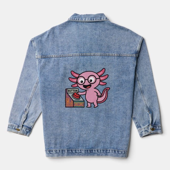Cute I Axolotl Questions aztec Oh No red button Denim Jacket (Back)