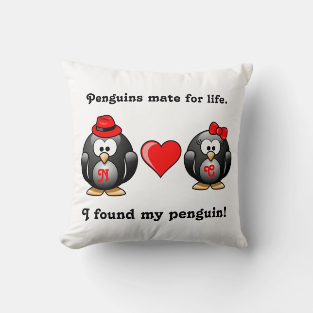 Cute I Found My Penguin Mate for Life Red Heart Throw Pillow (Front)