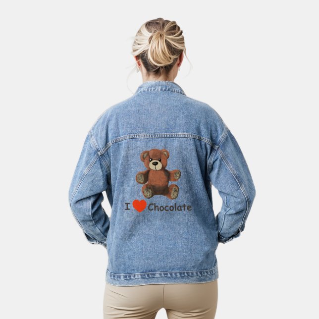 Cute I Heart (Love) Chocolate Teddy Bear Denim Jacket (Model)