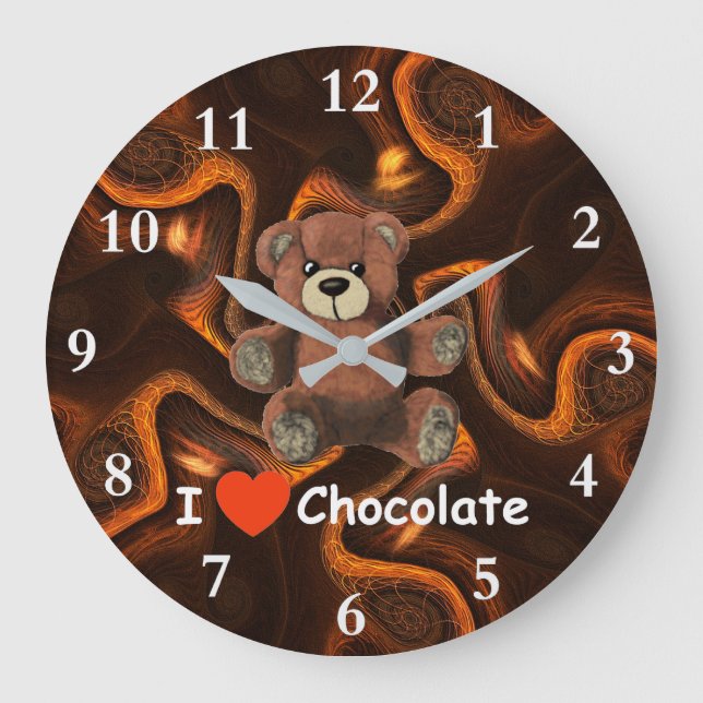 Cute I Heart (Love) Chocolate Teddy Bear Large Clock (Front)