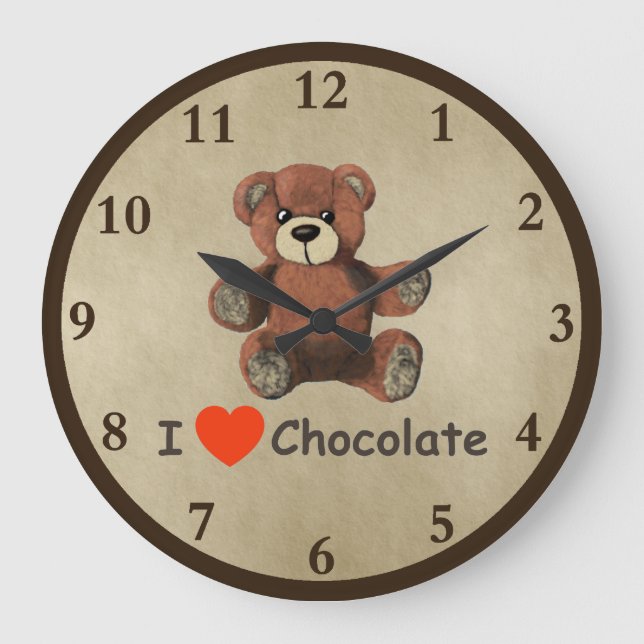 Cute I Heart (Love) Chocolate Teddy Bear Large Clock (Front)