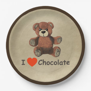 Cute I Heart (Love) Chocolate Teddy Bear Paper Plate