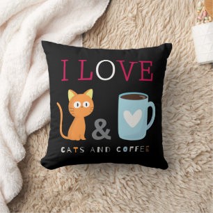 Cute I Love Cats and Coffee Black Throw Pillow