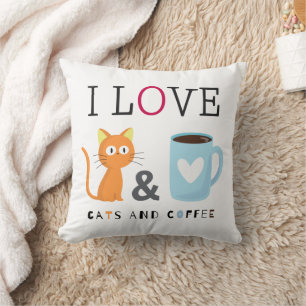 Cute I Love Cats and Coffee White Throw Pillow
