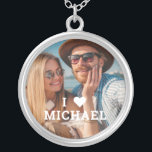 Cute I Love Heart Photo Couples Personalized Name Silver Plated Necklace<br><div class="desc">Cute I Love Heart Photo Couples Personalized Name Necklace features your favourite photo with the text "I (love heart) add name" in modern white script. Personalize by editing the text in the text box provided and adding your own picture. Perfect gifts for couples, girlfriend, wife, sweetheart and more for birthday,...</div>